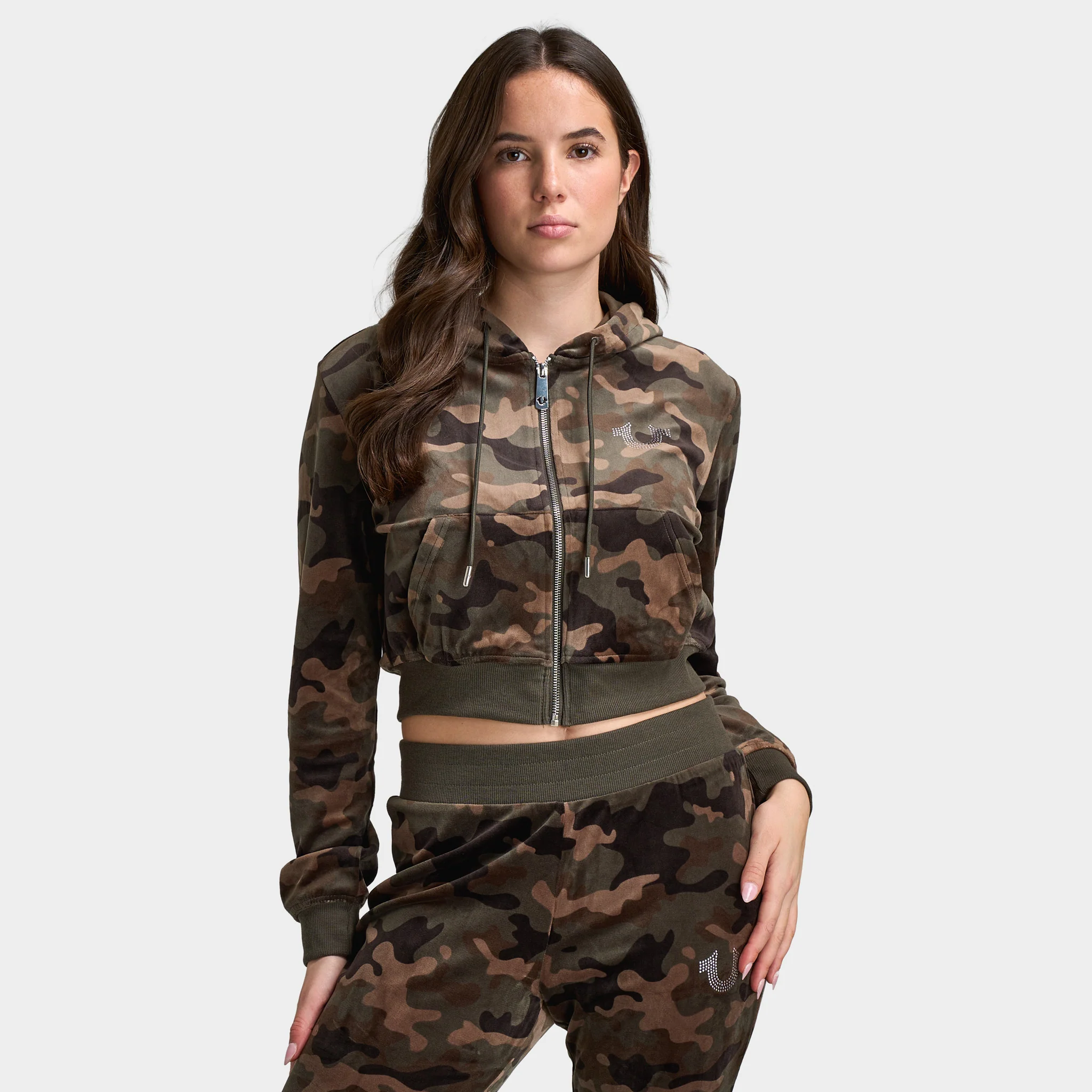 True Religion Women's Velour Shrunken Hoodie / Brown Camo